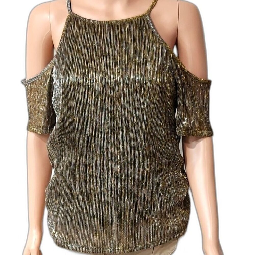Vintage Metallic Cold Shoulder Blouse - Picture 2 of 8